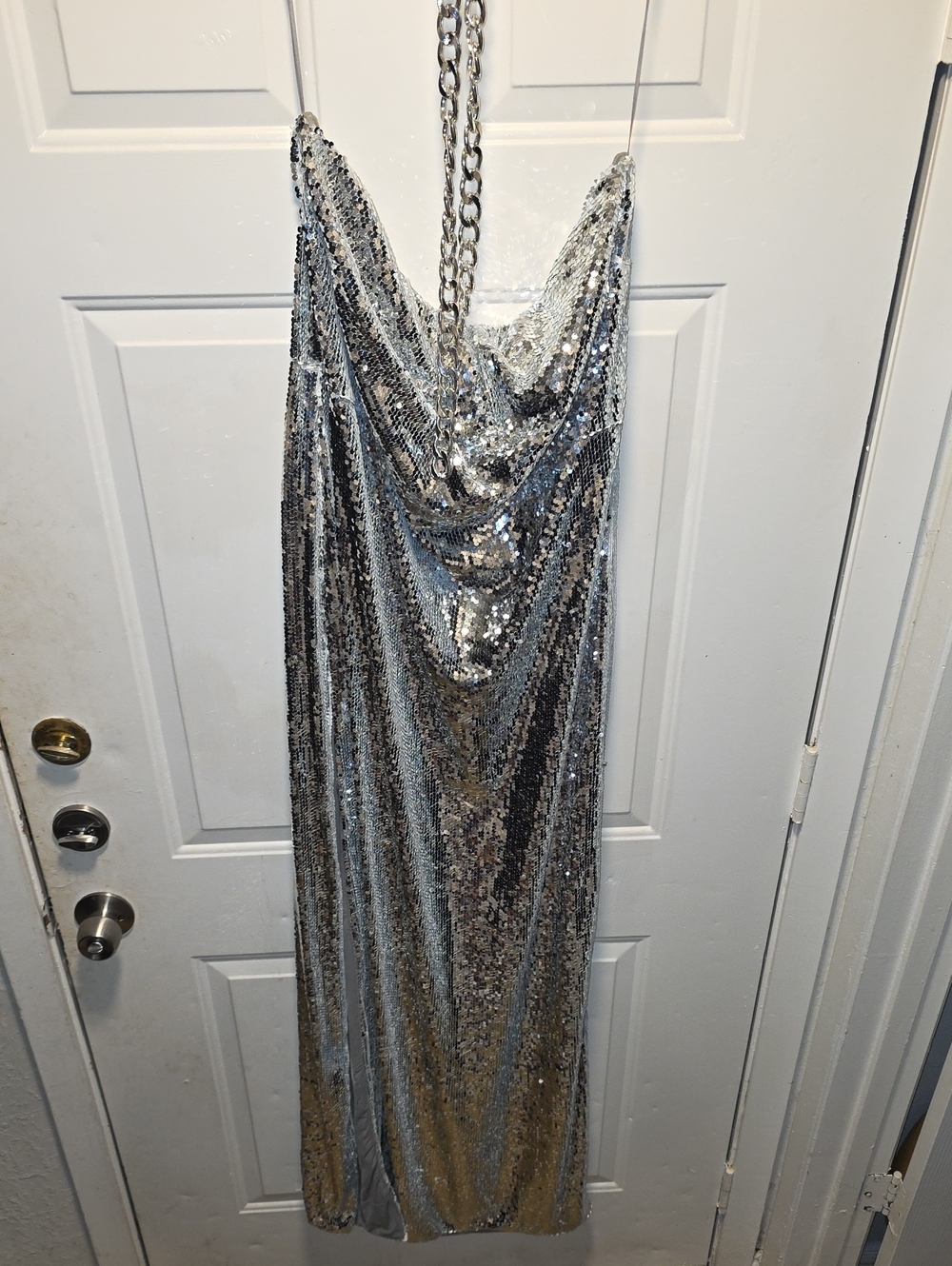 Fashion Nova Silver Sequin Cowl Maxi Dress